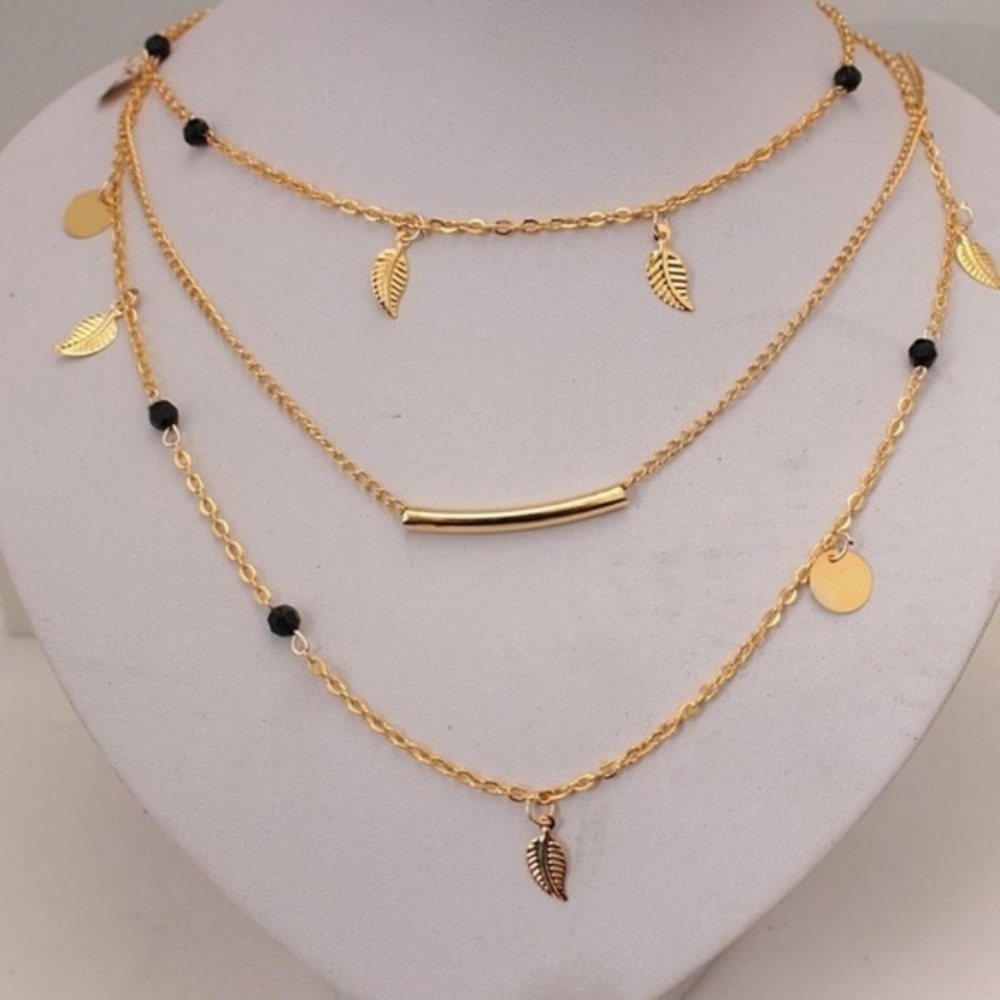 Leafy Gold Coin Layer Chain Black Beaded Necklace - Picture 2 of 6